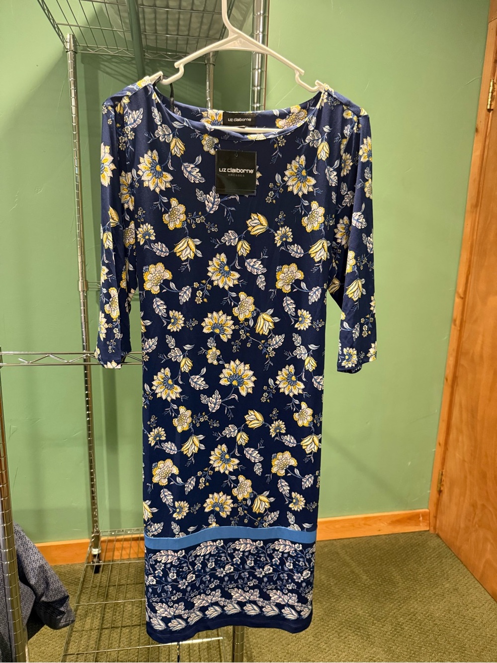 Liz Claiborne Navy Floral Midi Dress with Yellow & White Blooms